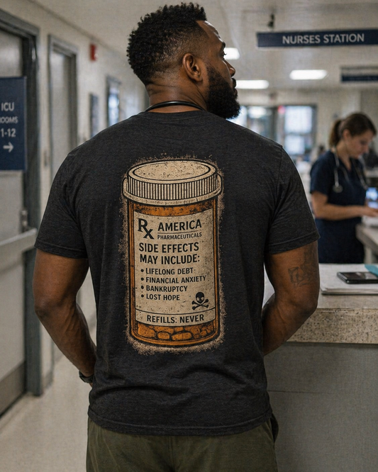 T‑Shirt — 'Rx America' Prescription Bottle Graphic Tee ("Side Effects May Include")